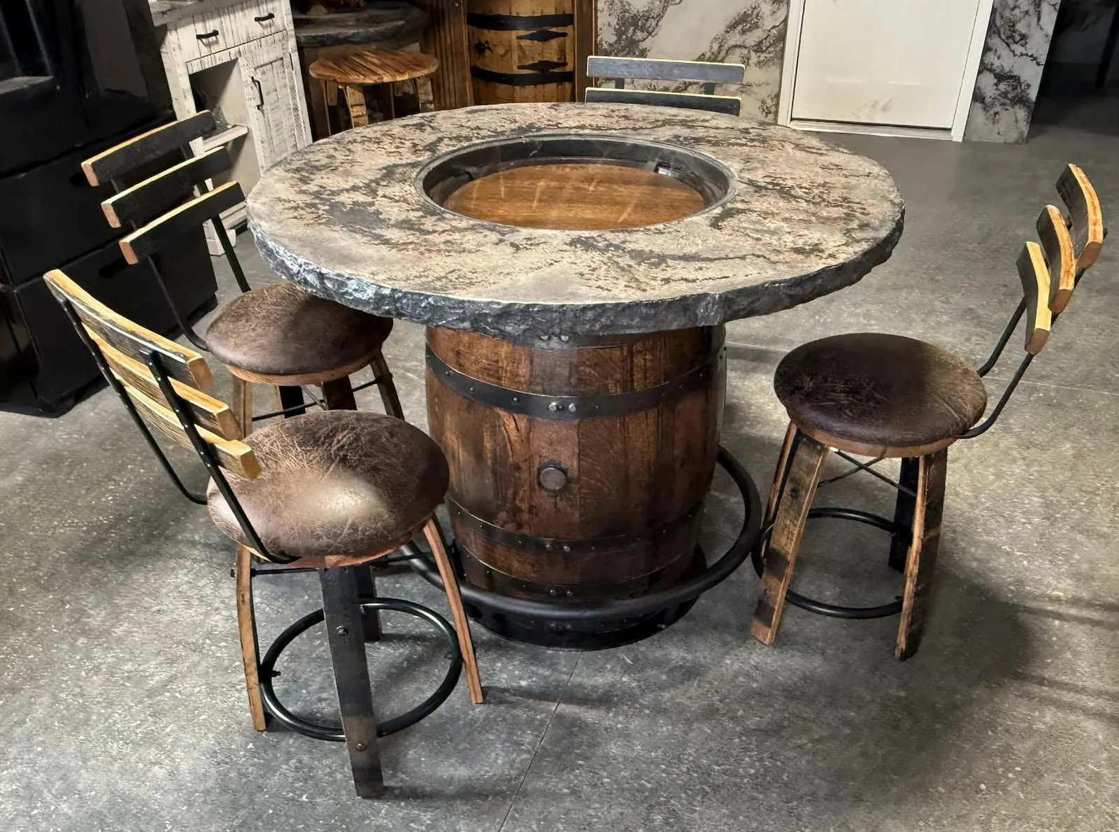 Concrete Top Whiskey Barrel Table Set