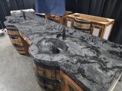 Makeup Vanity with Concrete Countertop and Aged Whiskey Barrels