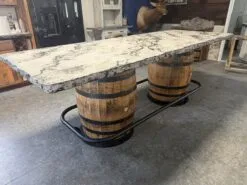 Concrete Top Dining Table with Whiskey Barrel Base